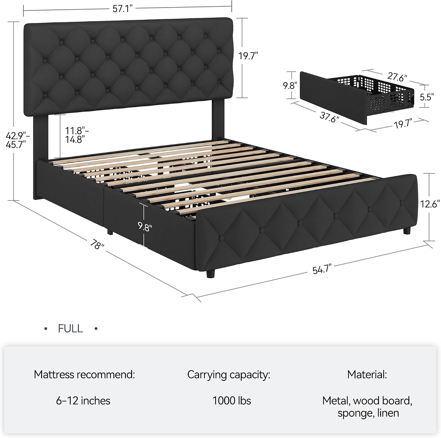 IDEALHOUSE Full Size Bed Frame with 4 Storage Drawers and Adjustable Headboard, Linen Upholstered Platform Beds, Diamond Stitched Button Tufted, No Box Spring Needed, Black