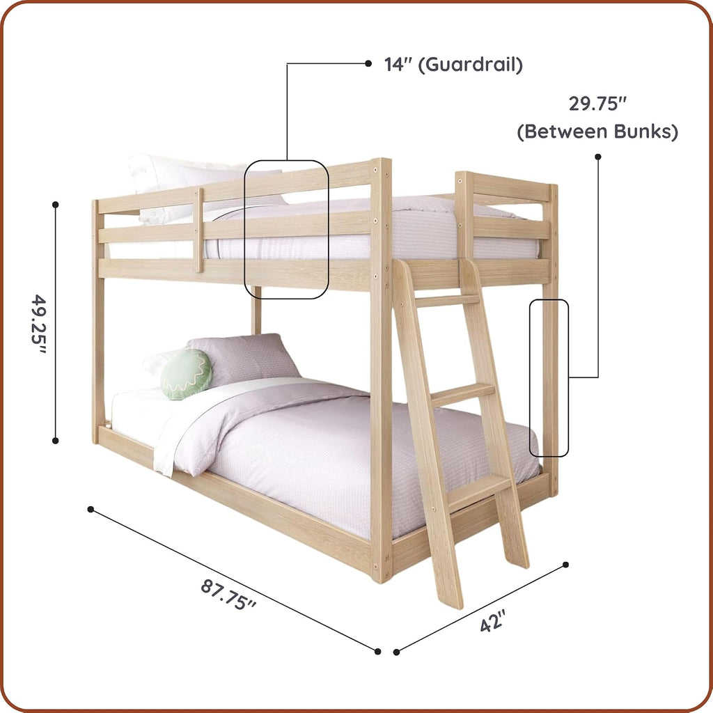 Grain & Grove Bear Twin Over Twin Bunk Bed, Low Bunk Bed Frame for Kids, Bunk with Ladder, Guardrail and Slats, No Box Spring Required, Oak Embossed Natural