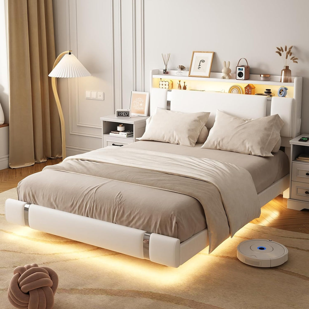 Floating Bed Frame, Full Size Platform Bed Frame with LED and Charging Station, Modern White Metal Platform Full Bed with Storage Headboard, Upholstered Platform Bed Frame, No Box Spring Needed