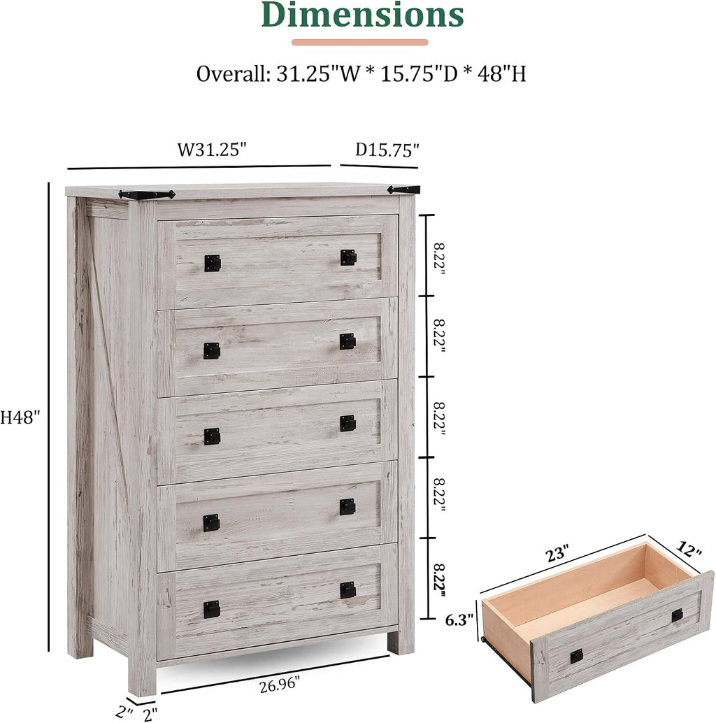 RedLemon Farmhouse 5 Drawer Dresser, 48' Tall Rustic Chest of Drawers, Wood Dresser for Bedroom, Living Room, Hallway, Antique Brush White