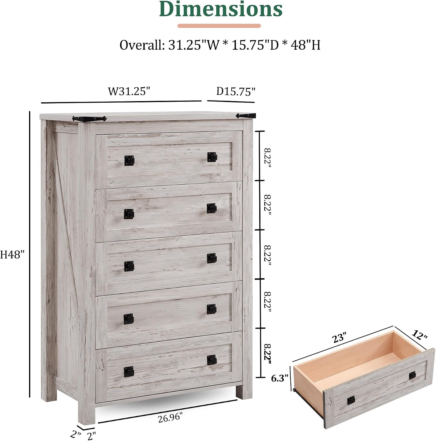 RedLemon Farmhouse 5 Drawer Dresser, 48' Tall Rustic Chest of Drawers, Wood Dresser for Bedroom, Living Room, Hallway, Antique Brush White