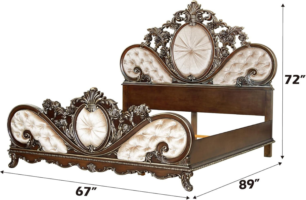 Acme Devany Wood & Fabric Upholstered Queen Bed in Cream and Cherry