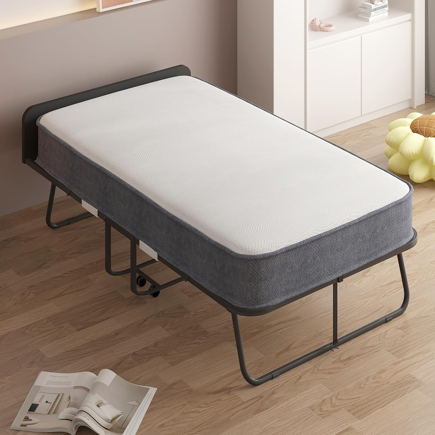 Rollaway Bed with Mattress for Adults, Single Folding Bed with 5'' Mattress, Portable Foldable Beds Fold up Guest Beds with Dustproof Bag & Baffle (Upgrade with Cover)