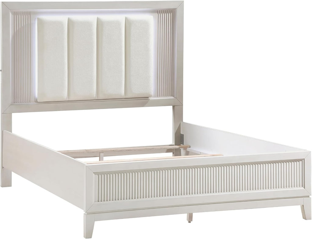 Modern Antique White Finish Bedroom Set 5 Piece King Size Bed with LED Light Wooden Furniture
