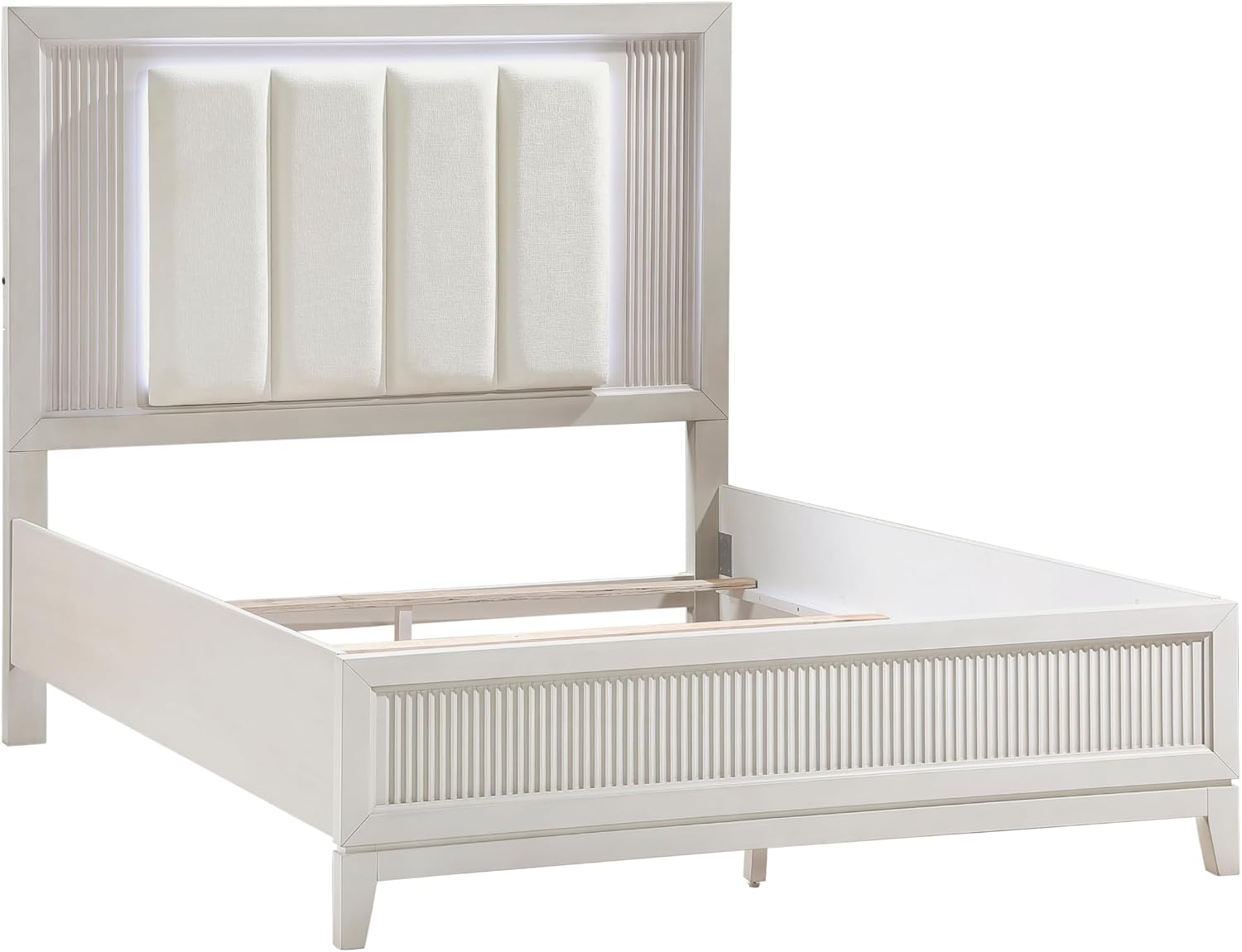 Modern Antique White Finish Bedroom Set 5 Piece King Size Bed with LED Light Wooden Furniture
