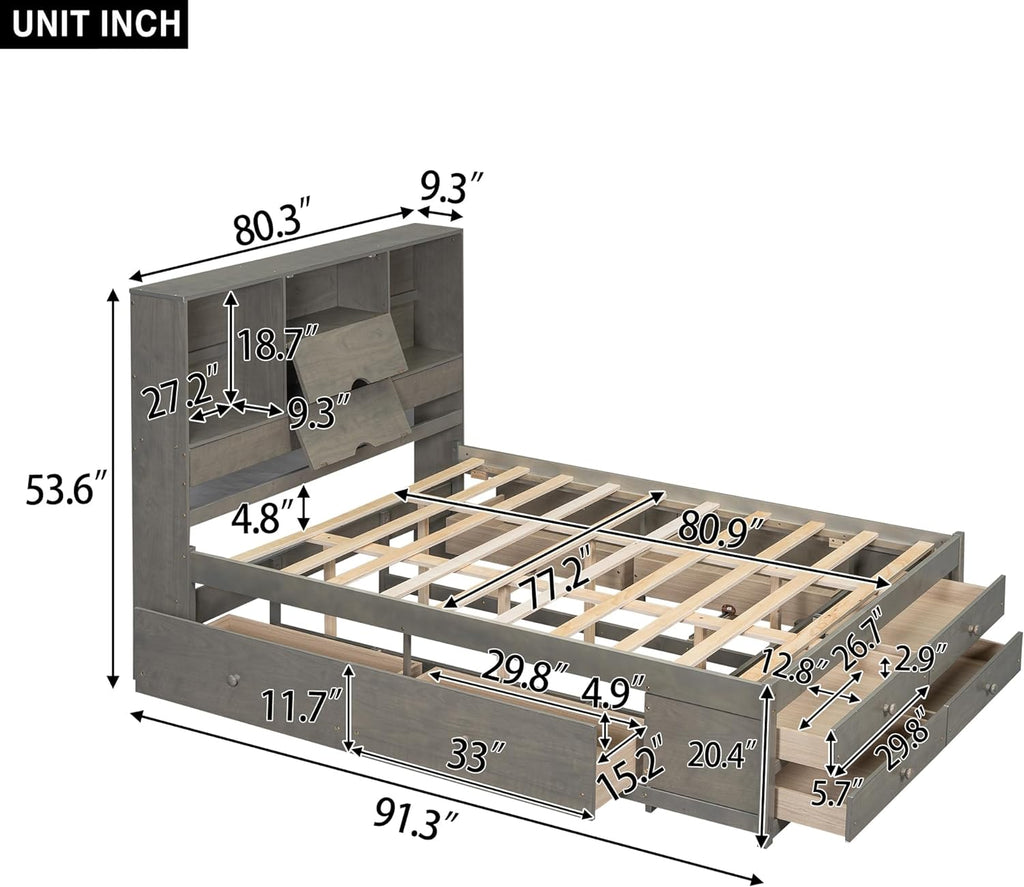VilroCaz Wood King Size Platform Bed with Storage Headboard, Modern Platform Bed Captain's Bed Frame with 8 Drawers, Sturdy Slats Support, Maximize Space (Grey-M3, King)