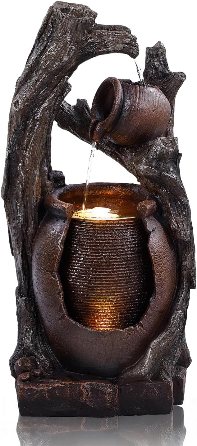 32' H Outdoor Water Fountain, Rustic 2-Tier Clay Pot Water Fountain and Waterfalls with 2 Warm LED Lights, Natural Feature Garden Fountains for Patio, Backyard, Deck, Porch, Home Decor