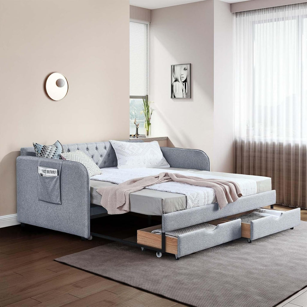 Antetek 80.5' Daybed with Drawer, Modern Button Tufted Linen Day Bed with Trundle Bed Twin to King, Upholstered Daybed Frame w/Storage Pocket for Bedroom, Living Room, No Box Spring Needed, Grey