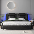 Keyluv Queen Size LED Bed Frame with Adjustable Headboard & Removable Pillow, PU Leather Upholstered Platform Bed, Wave-Like Curve Safety Design, Solid Wooden Slats Support, Easy Assembly, Black