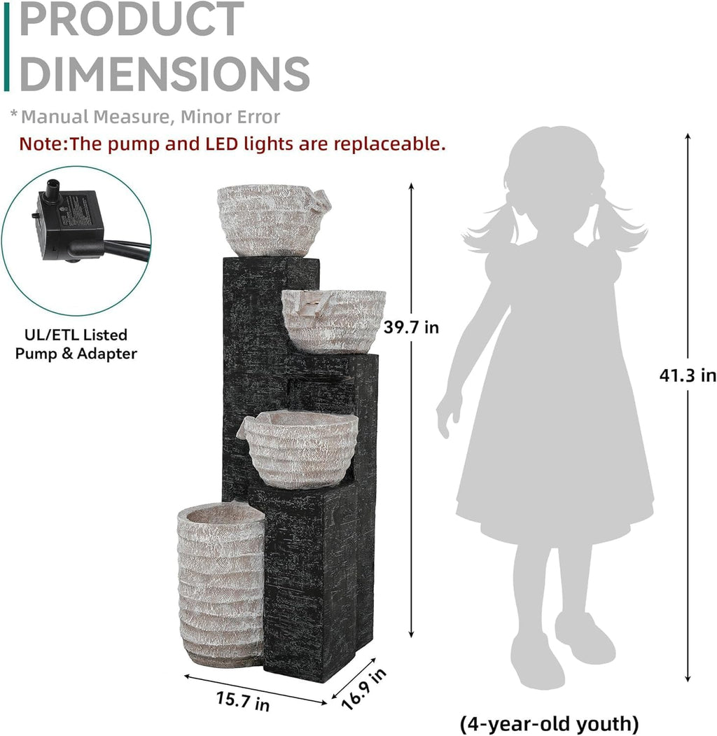 40' H Multilayer Cascading Outdoor Water Fountain with LED Lights & Pump, Sand-Textured Polyresin Freestanding Garden Fountain for Tranquil Garden, Patio or Porch