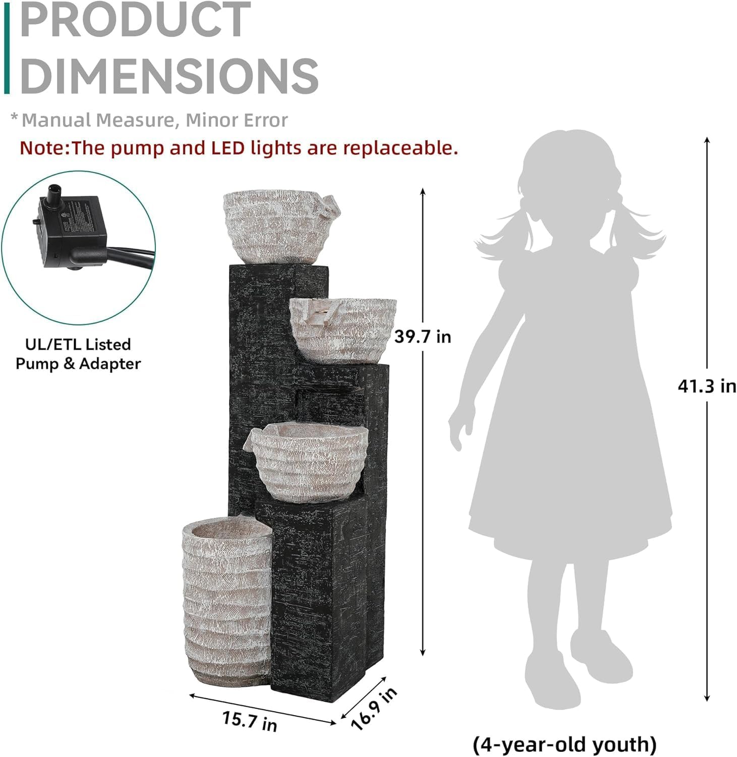 40' H Multilayer Cascading Outdoor Water Fountain with LED Lights & Pump, Sand-Textured Polyresin Freestanding Garden Fountain for Tranquil Garden, Patio or Porch
