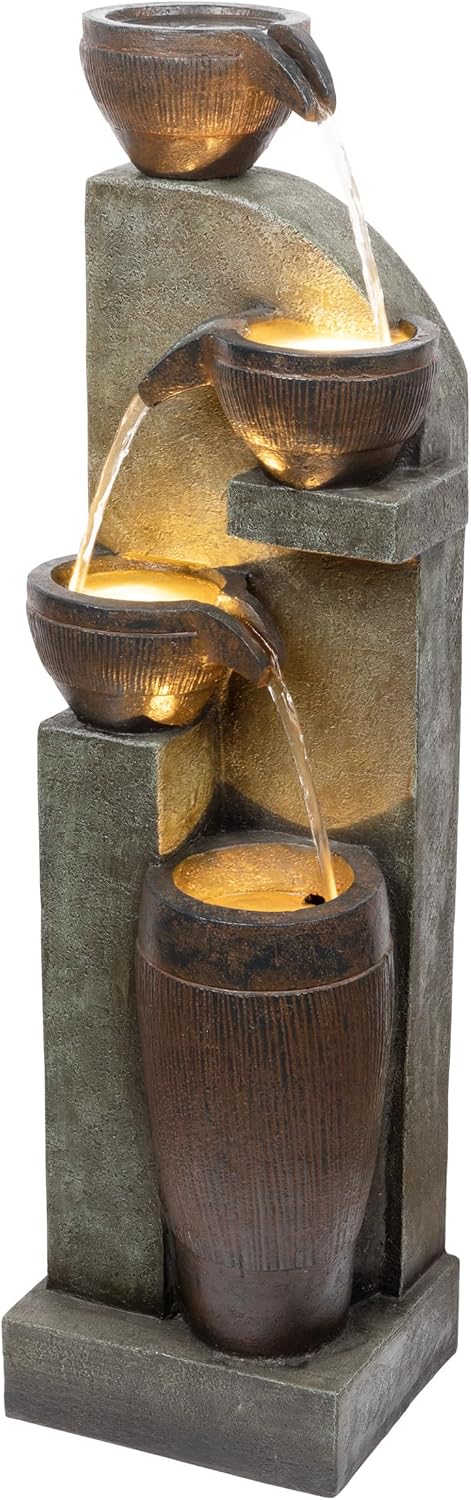 Alpine Corporation 40' Tall Indoor/Outdoor 4-Tier Fountain with LED Lights, Cascading Pot and Bowl Water Feature, Elegant Waterfall for Garden, Patio & Home, Brown