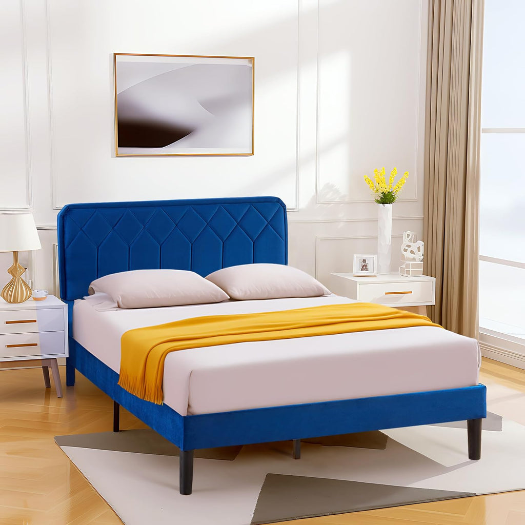 VECELO Queen Size Bed Frame, Velvet Upholstered Platform with Adjustable Headboard, Mattress Foundation with Solid Wood Slats, No Box Spring Needed, Easy Assembly