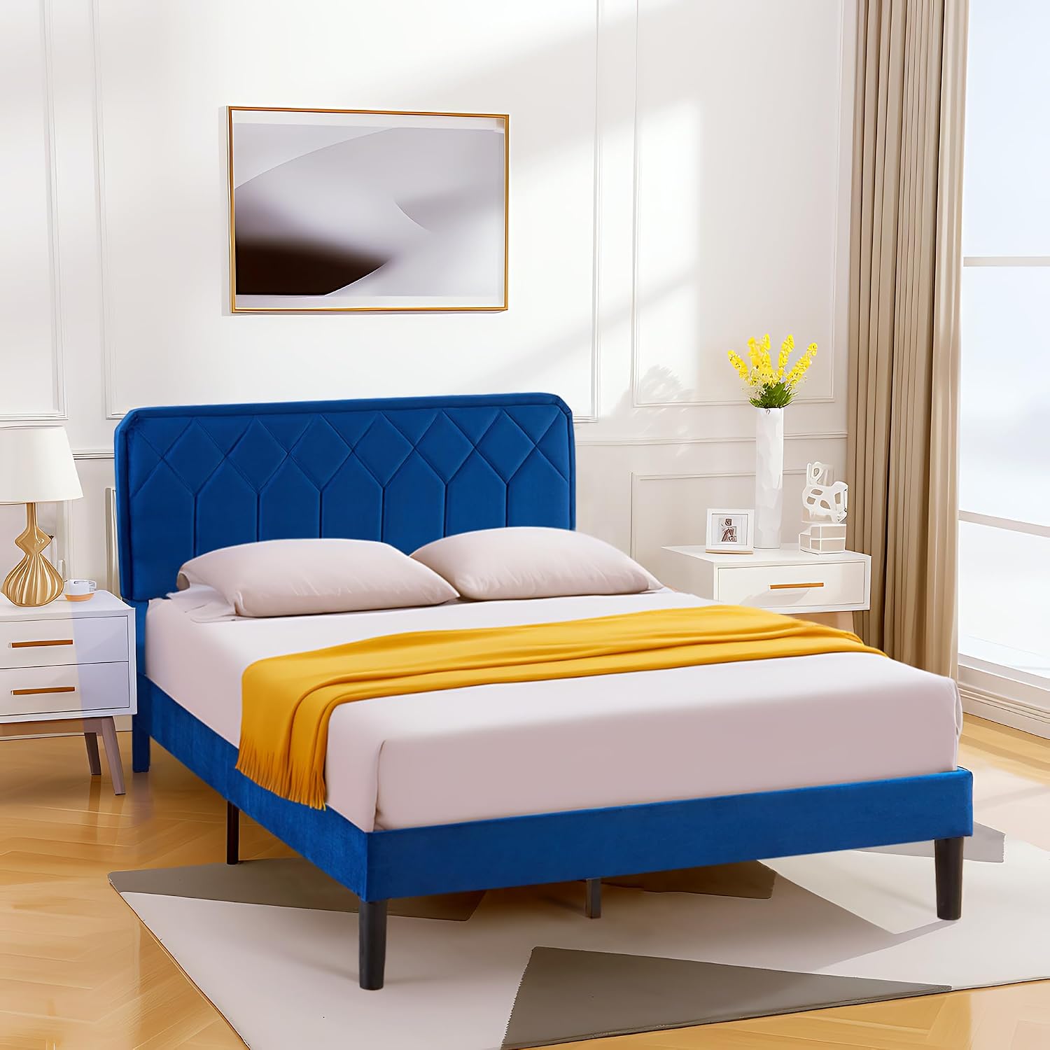 VECELO Queen Size Bed Frame, Velvet Upholstered Platform with Adjustable Headboard, Mattress Foundation with Solid Wood Slats, No Box Spring Needed, Easy Assembly