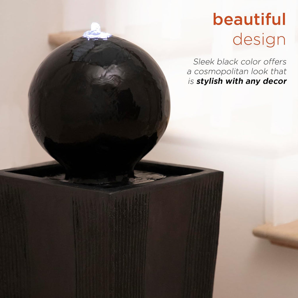 Alpine Corporation GIL786 Outdoor Floor Modern Sphere and Pedestal Soothing Waterfall Fountain for Garden 33', Black