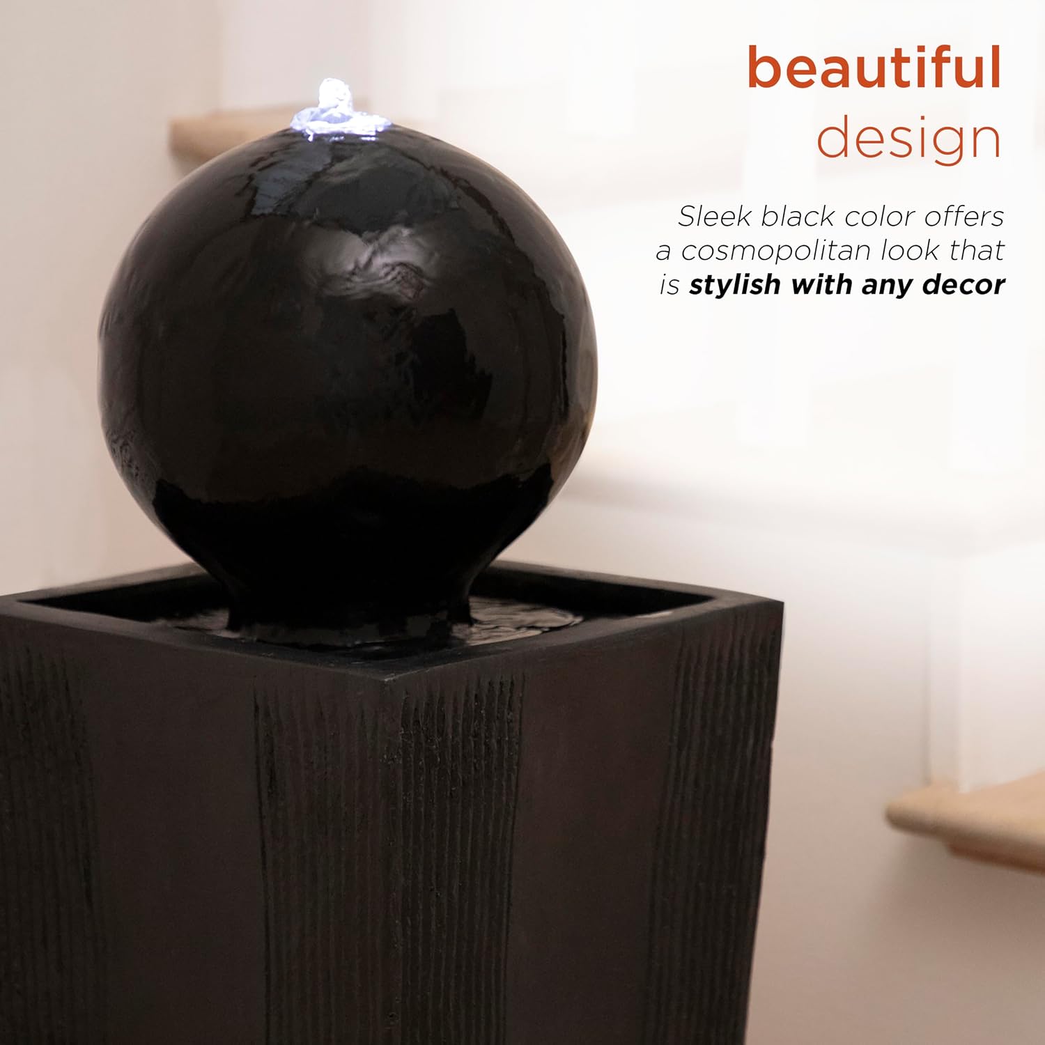 Alpine Corporation GIL786 Outdoor Floor Modern Sphere and Pedestal Soothing Waterfall Fountain for Garden 33', Black