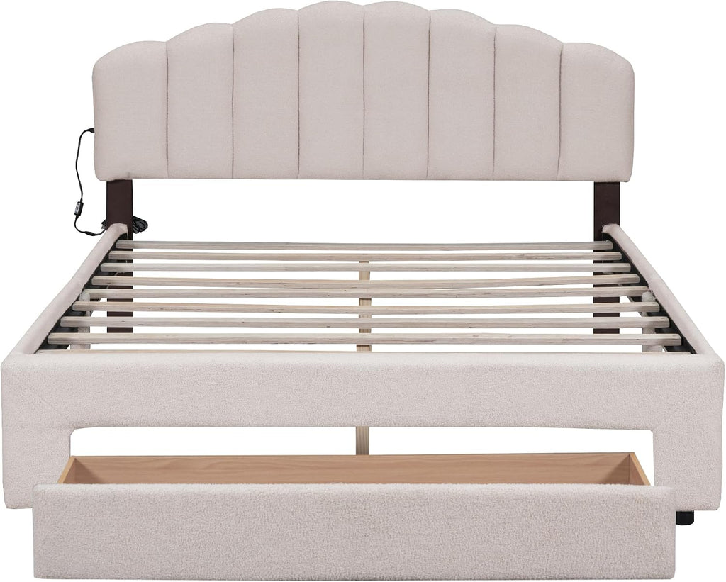 KLMM Chic Teddy Fleece Queen Size Upholstered Platform Bed with Drawer,LED Lights and 2 USB Ports,for Kids Teens Adults Bedroom Use (Beige@Drawer, Queen)