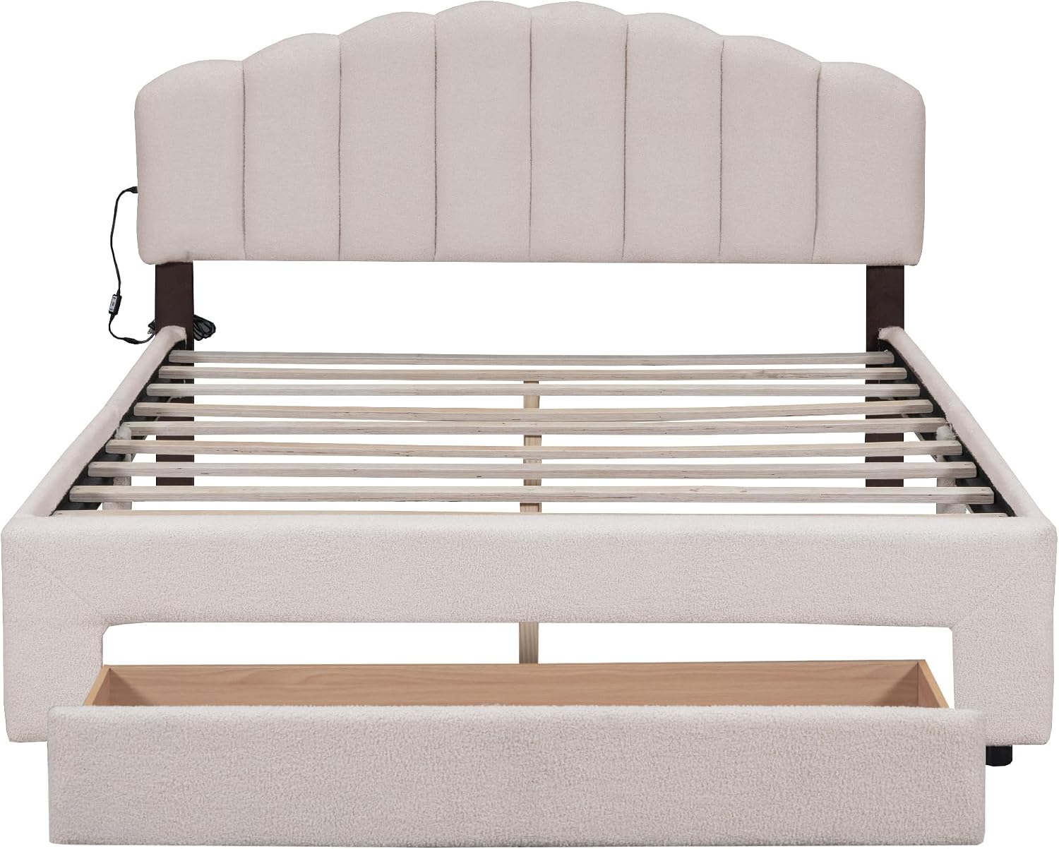 KLMM Chic Teddy Fleece Queen Size Upholstered Platform Bed with Drawer,LED Lights and 2 USB Ports,for Kids Teens Adults Bedroom Use (Beige@Drawer, Queen)