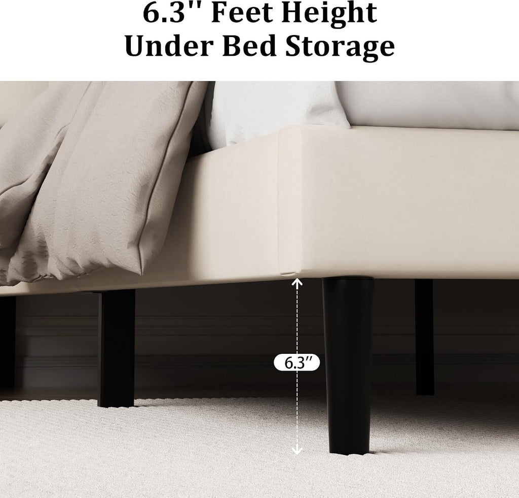 CXVX Queen Size Platform Bed Frame with Upholstered Velvet Button Tufted Headboard, Mattress Foundation with Wooden Slat Support, No Box Spring Needed, Easy Assembly, Noise Free, Beige