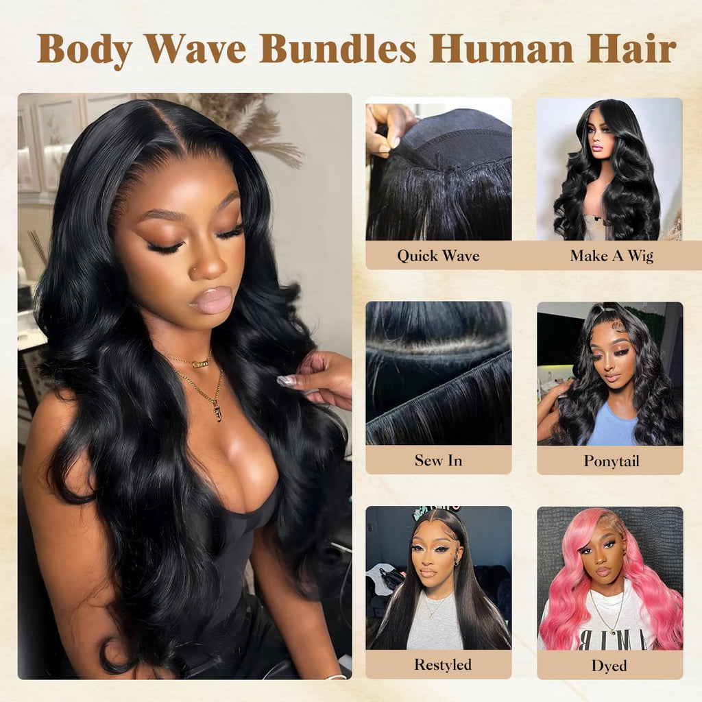 16A Raw Human Hair Bundles,3 Bundles 14 16 18 Inch Body Wave Bundles Human Hair,100% Unprocessed Brazilian Virgin Hair,Quick Weave,Hair Extensions Natural Black For Women,3X Longer Lifespan