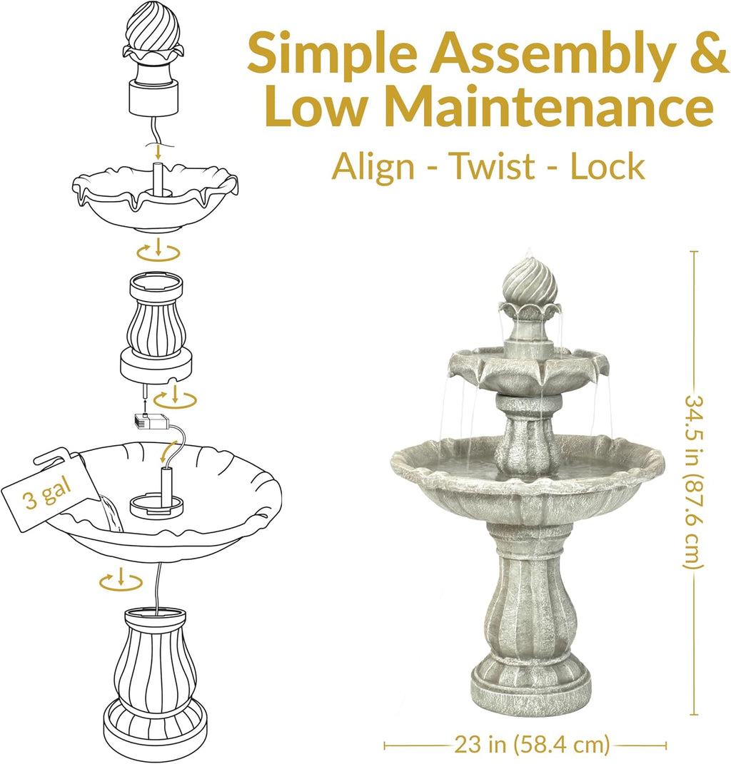 Sunnydaze 35' Solar 2-Tier Outdoor Water Fountain - Garden Water Feature with Battery Backup and Pump - White