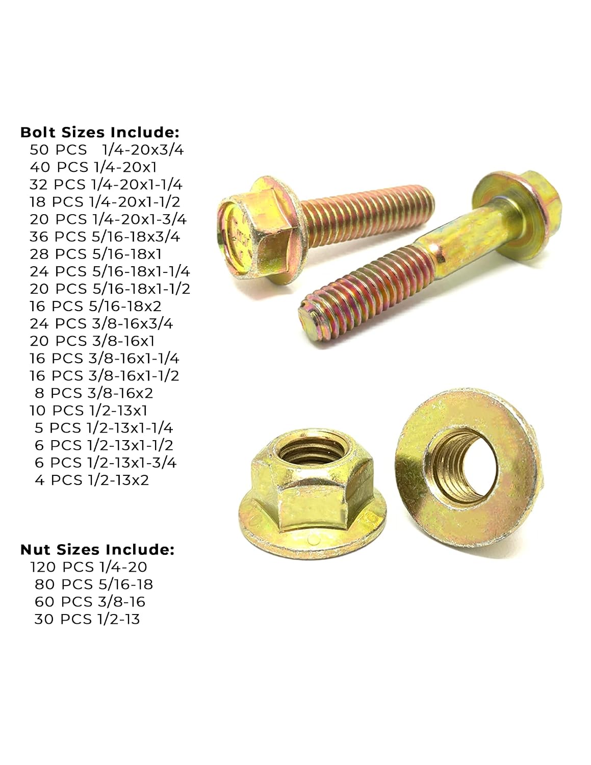Inch Grade 8 Hex Flange Bolts & Flange Lock Nuts Zinc Yellow Assortment - 693PCS