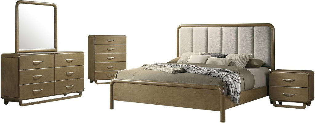Benzara Deon 5 Piece Queen Bedroom Set, Upholstered Headboard, Brown Hardwood