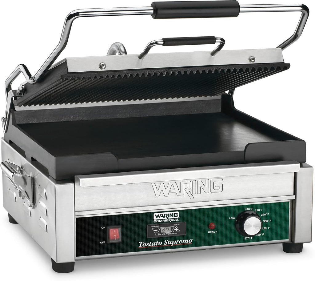 Waring Commercial Panini Press with Timer, Ribbed & Flat Cast Iron Plates, 14.5' x 11' Cooking Surface, 570°F Adjustable Thermostat, for Sandwiches up to 3' Thick, 120V, WDG250T