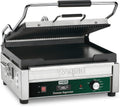 Waring Commercial Panini Press with Timer, Ribbed & Flat Cast Iron Plates, 14.5' x 11' Cooking Surface, 570°F Adjustable Thermostat, for Sandwiches up to 3' Thick, 120V, WDG250T
