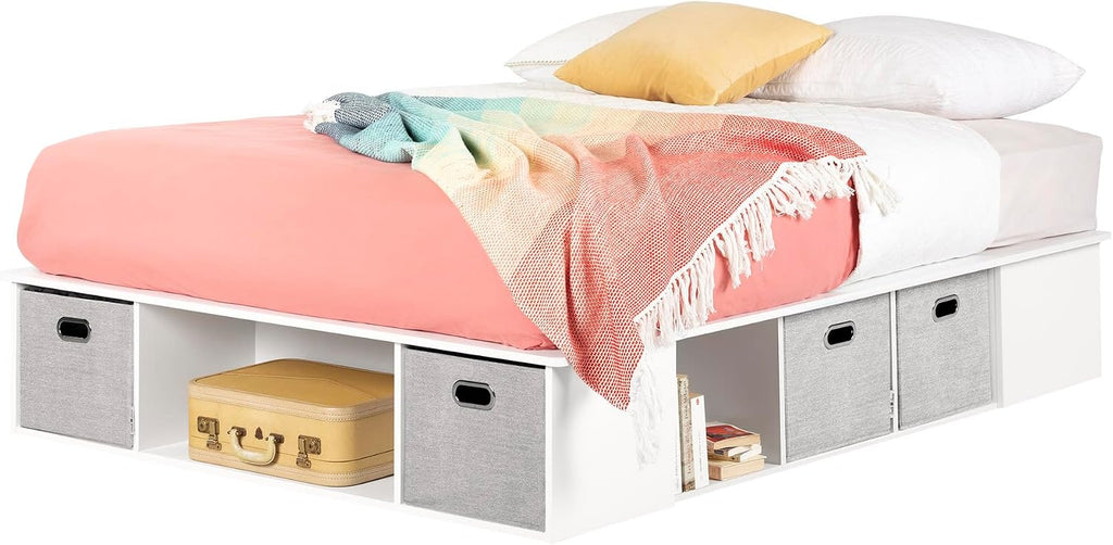 South Shore Flexible Full Platform Bed with Storage and Baskets, Pure White