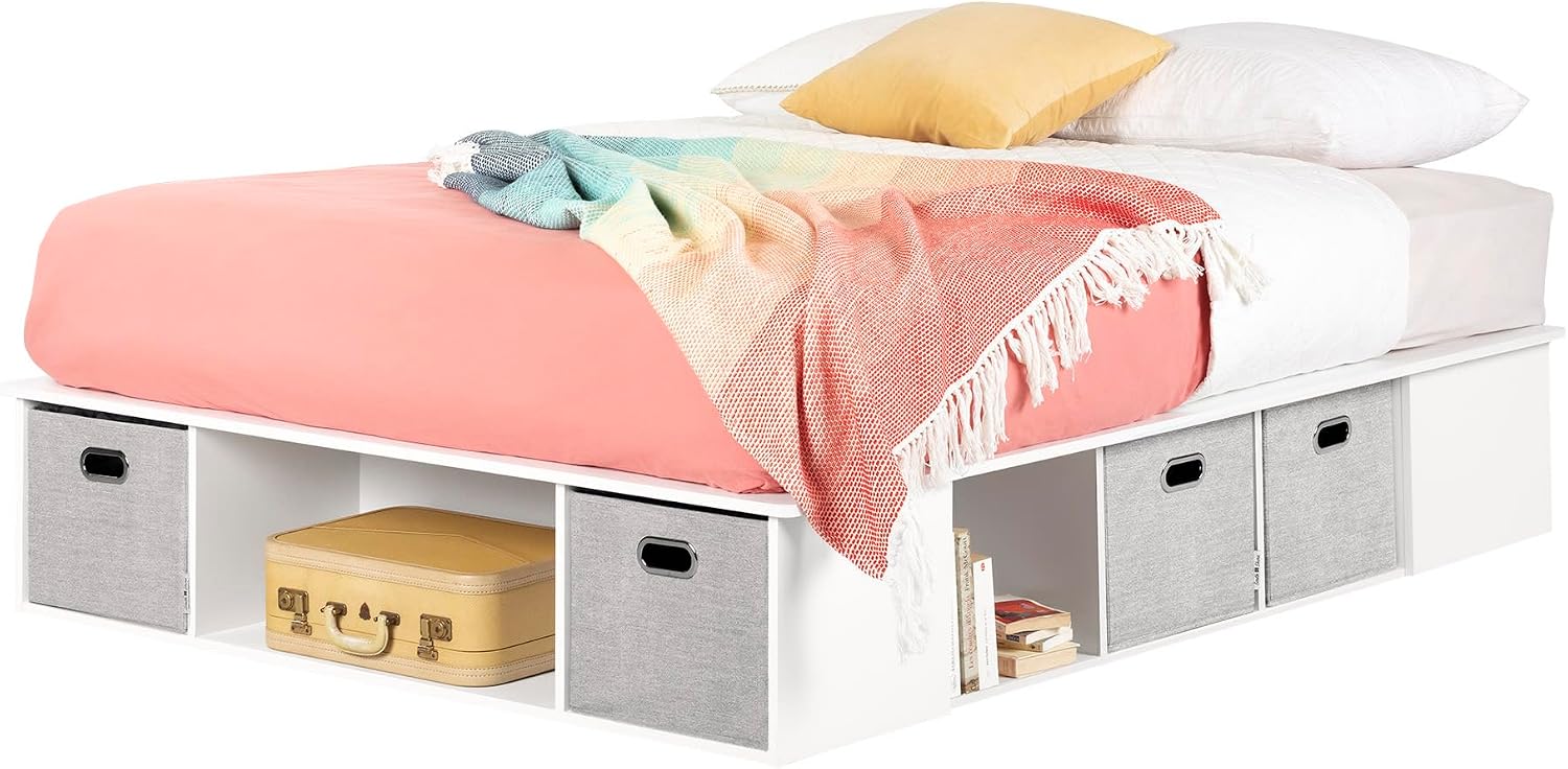 South Shore Flexible Full Platform Bed with Storage and Baskets, Pure White
