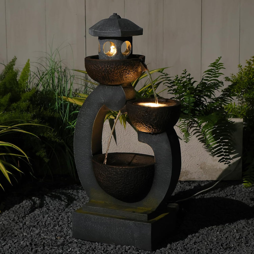 Outdoor Water Fountain with LED Lights, 3-Tier Zen Garden Fountain for Patio, Yard & Porch Decor – Durable Resin Waterfall Feature with Modern Japanese-Style Design, 35' Tall