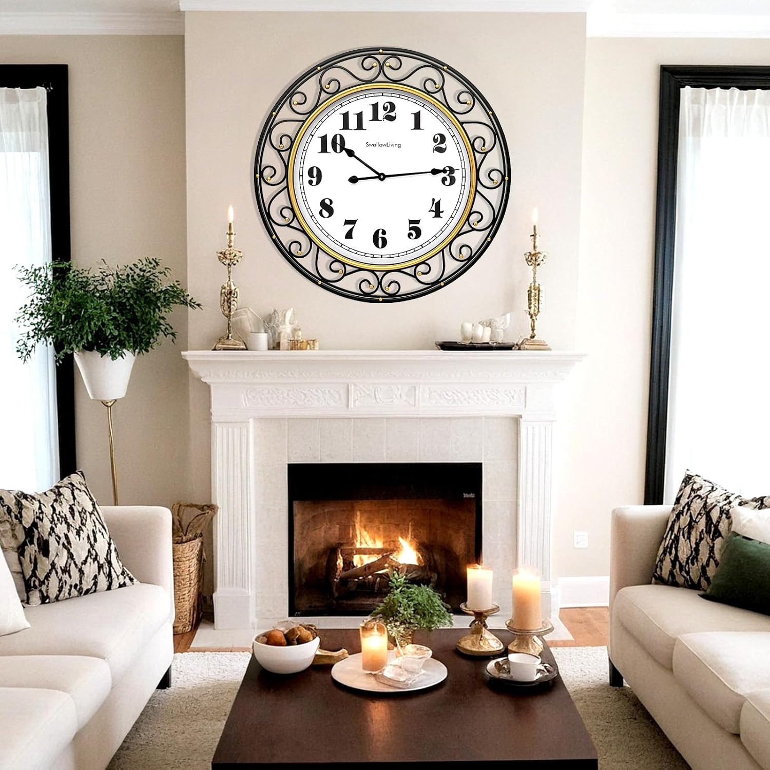 SwallowLiving 30 Inch Vintage Iron Large Black Metal Frame Wall Clock Silent, Battery Operated, Elegant Retro Decor for Living Room, Kitchen, Office, Dining Room, and Bedroom