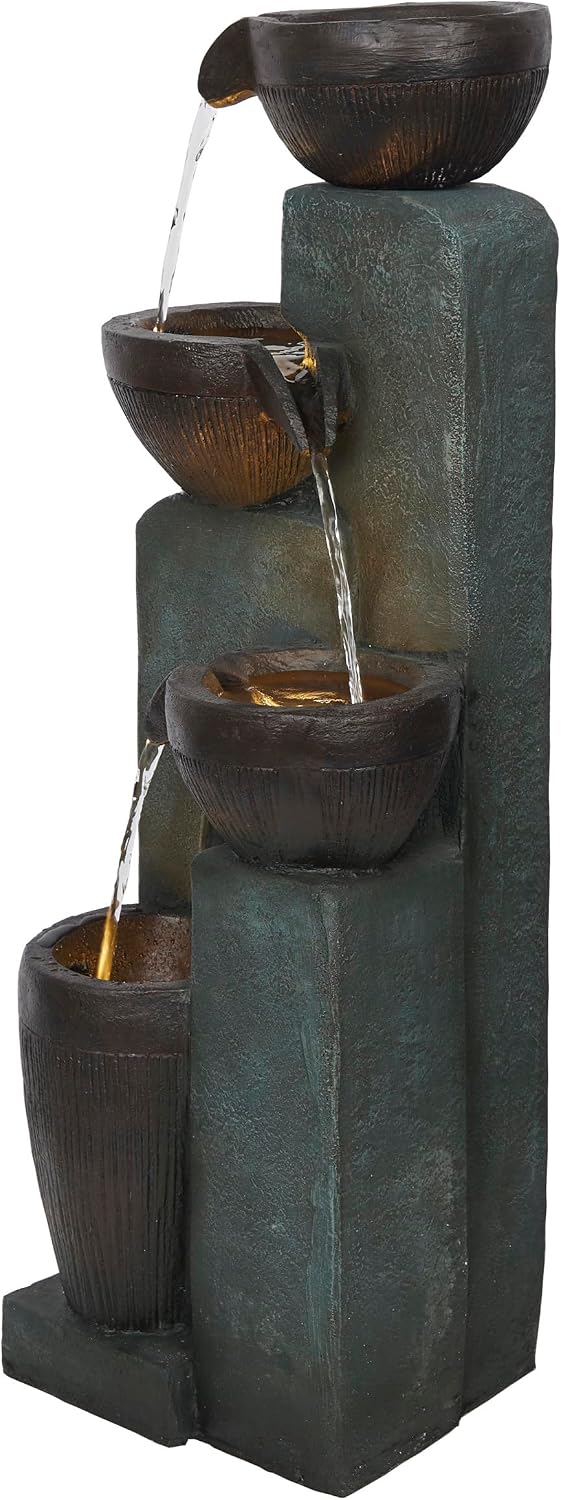 Alpine Corporation TZL396 31' 4 Tier Bowls Cascading Fountain with LED Lights, Elegant Outdoor Water Feature for Garden, Patio, Yard & Outdoor Spaces, Relaxing Waterfall Fountain, Gray