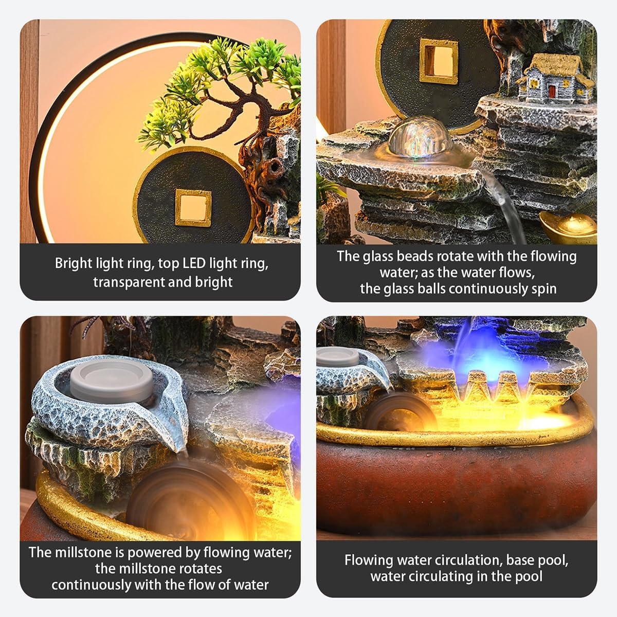 Table Fountain, Waterfall Tabletop, Water Fountain Indoor Decoration, Tabletop Decors, Features Indoor Decor, for Home Office Bedroom Relaxation(13.4x9x21in)