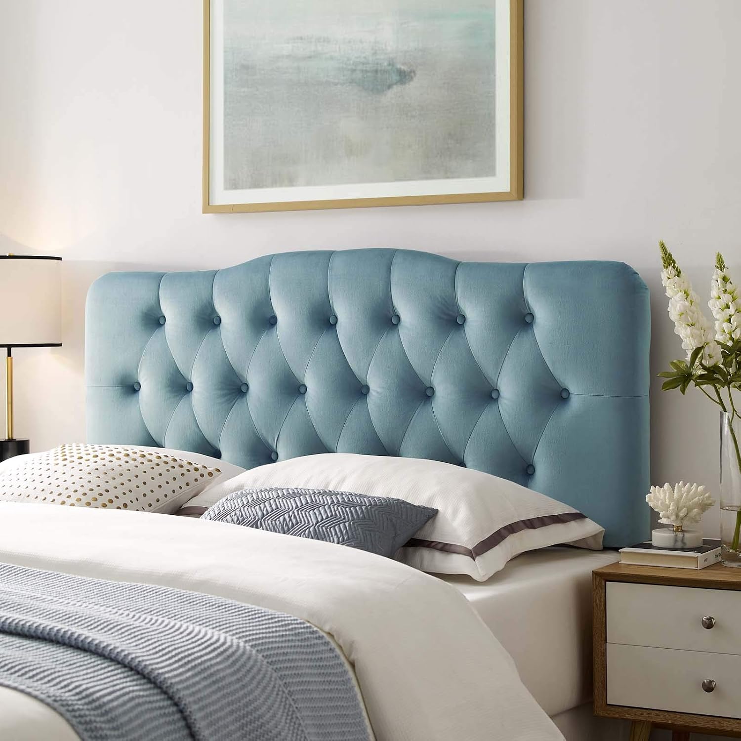 Modway Annabel Diamond Tufted Performance Velvet Full Headboard in Light Blue