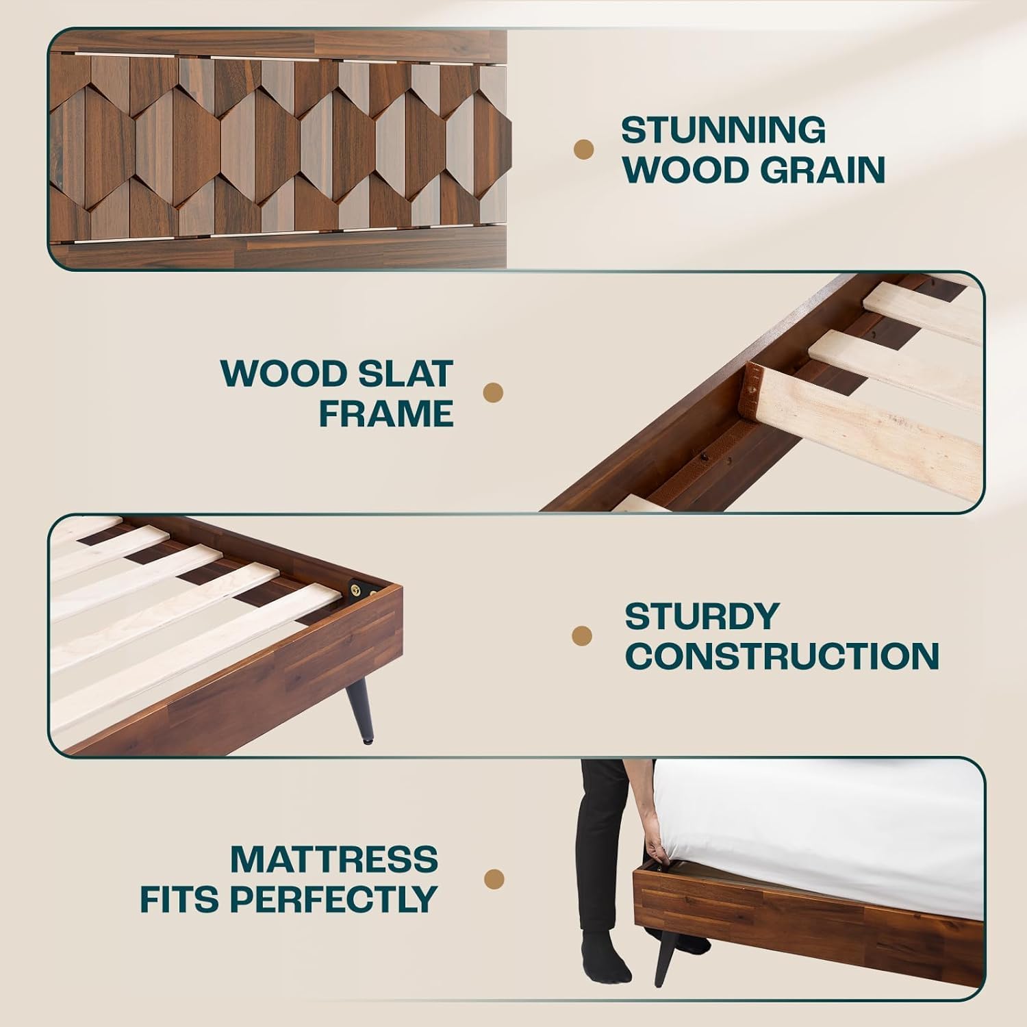 Bme Georgina Queen Bed Frame and Headboard, Signature Handcrafted Geometric Design, US Patent Pending Design, Solid Wood, No Box Spring Needed, 12 Strong Wood Slats Support, Easy Assembly, Dark Choco