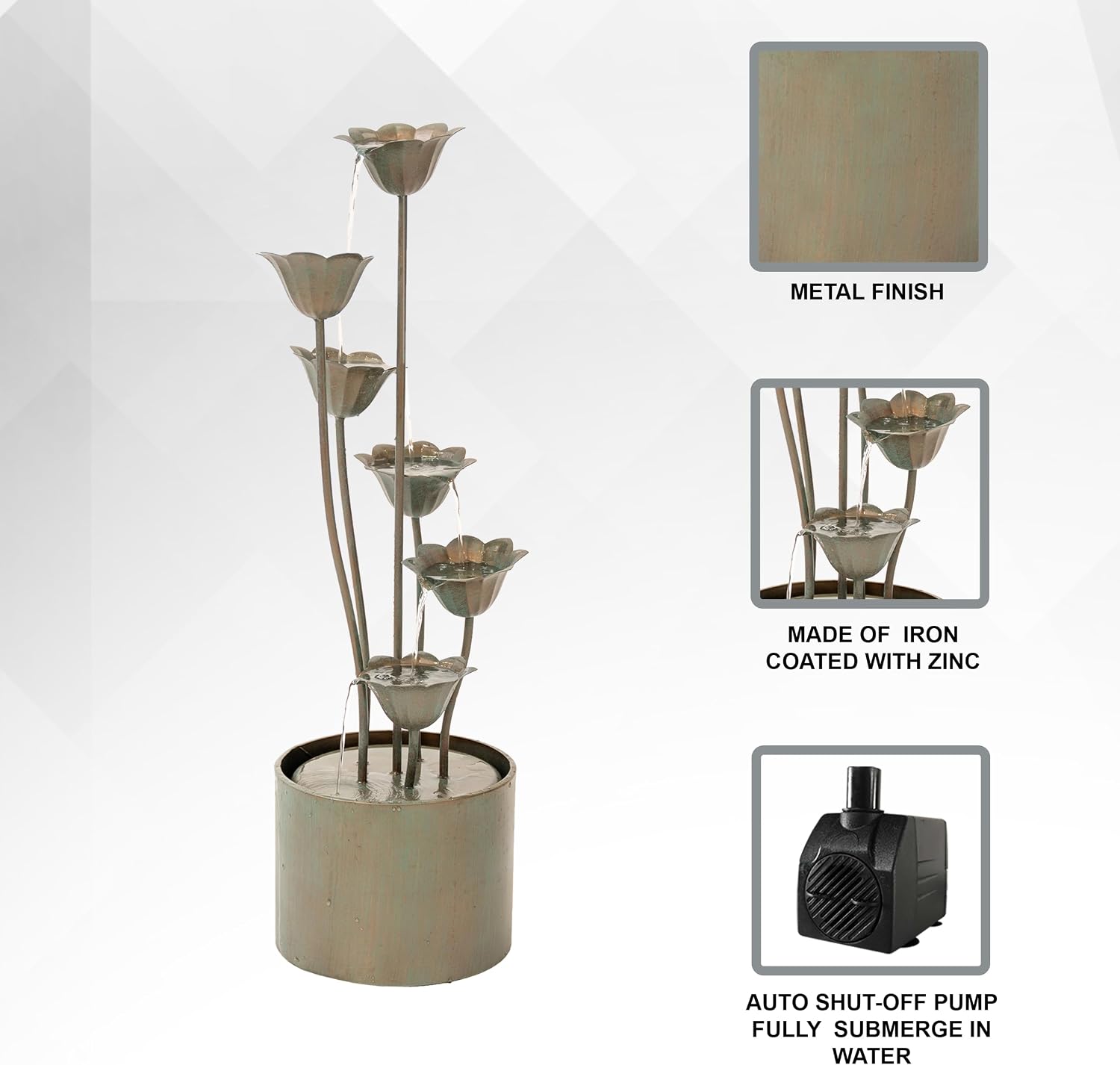 XBrand 35-Inch Freestanding Sculptural Metal Multi-Tier Flower Water Fountain, Silver