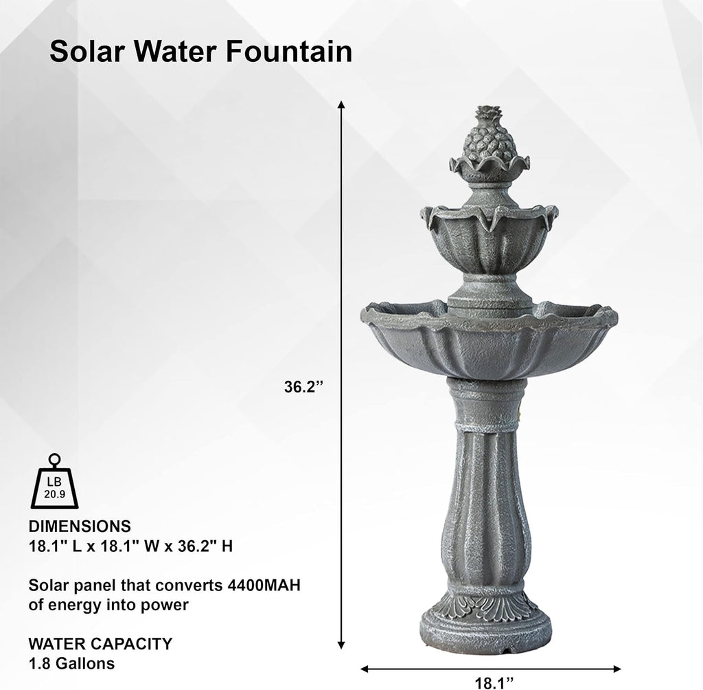 XBrand 36.2' Solar Powered 2-Tier Outdoor Water Fountain, Resin Fountain with Solar Panel Pump, Gray
