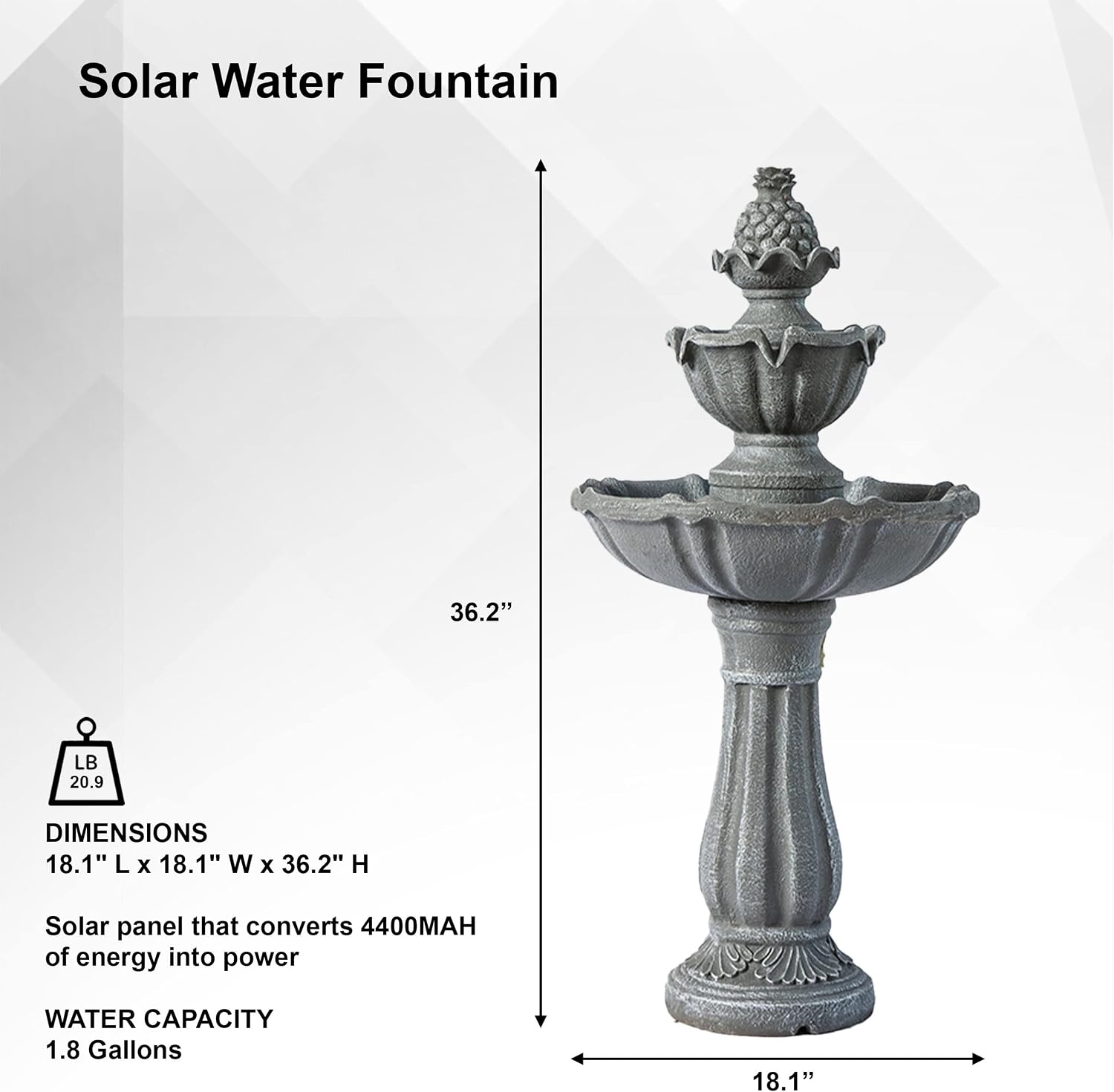 XBrand 36.2' Solar Powered 2-Tier Outdoor Water Fountain, Resin Fountain with Solar Panel Pump, Gray