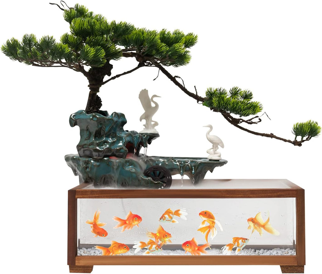 Tabletop Water Fountains Indoors with LED Light, Fake Plants，Rockery and Aquariums Water Fall Indoor for Living Room Office Decor (Fish Tank Size: 17.7L x 8.3W x 6H Inch