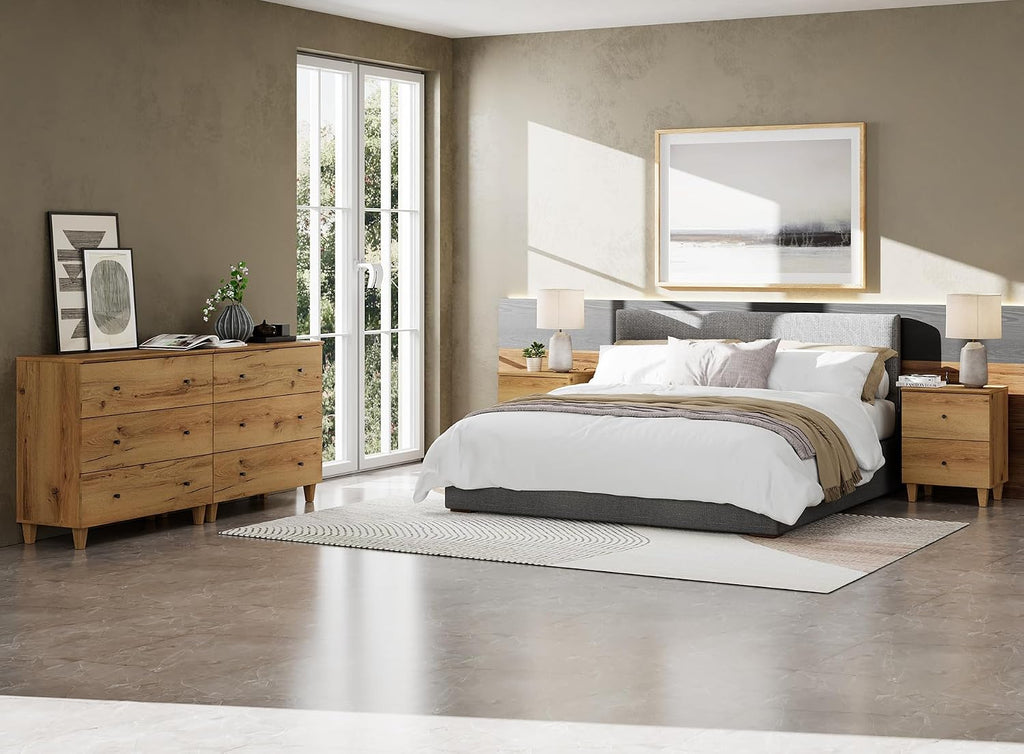 WAMPAT 3-Piece Bedroom Set - Modern Farmhouse Dresser & Nightstands with Charging Station, 6-Drawer Wood Chest & 2 Bedside Tables, Oak Brown Finish, Anti-Tip Safety Design