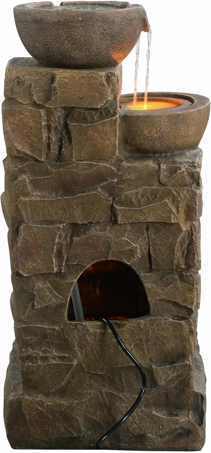 Teamson Home 33.27' Cascading Bowls & Stacked Stones LED Water Fountain for Outdoor Living Spaces, Brown