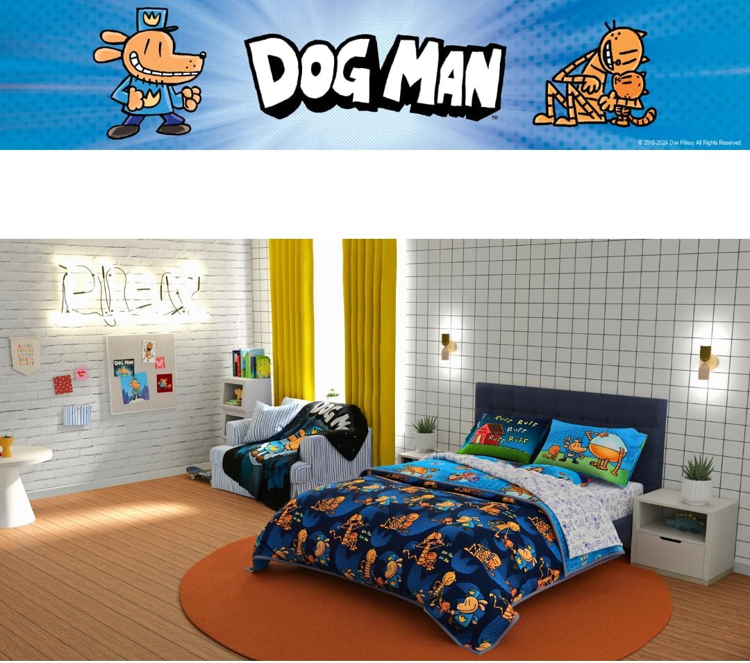 Dog Man Supa Buddies Book Kids Bedding Set, Queen Size 7 Piece Set Super Soft Cozy Reversible Comforter and Sheet Set with Sham, (Officially Licensed Product) by Franco