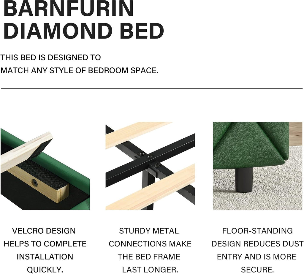 BarnFurin King Size Bed Frame with Headboard, Upholstered Bed with Diamond Tufted Design, Wooden Slats Support, No Box Spring Required, Easy Assembly, Green