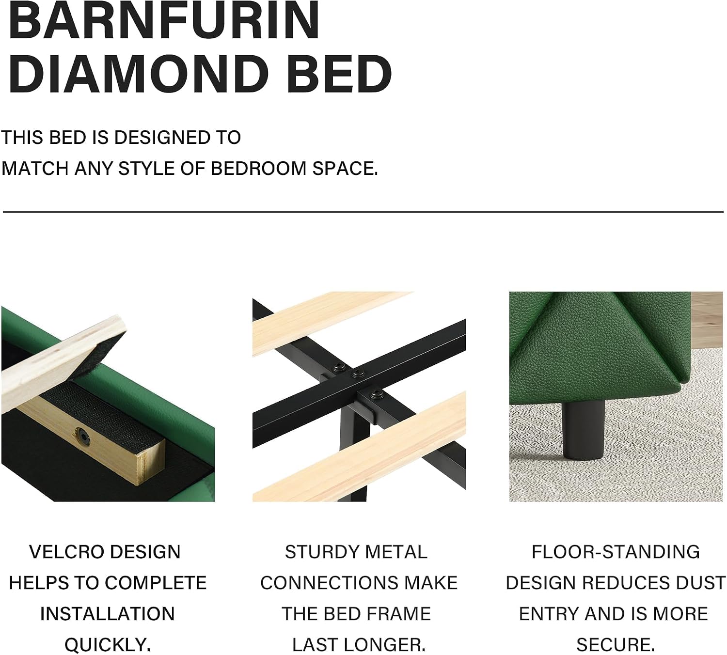 BarnFurin King Size Bed Frame with Headboard, Upholstered Bed with Diamond Tufted Design, Wooden Slats Support, No Box Spring Required, Easy Assembly, Green