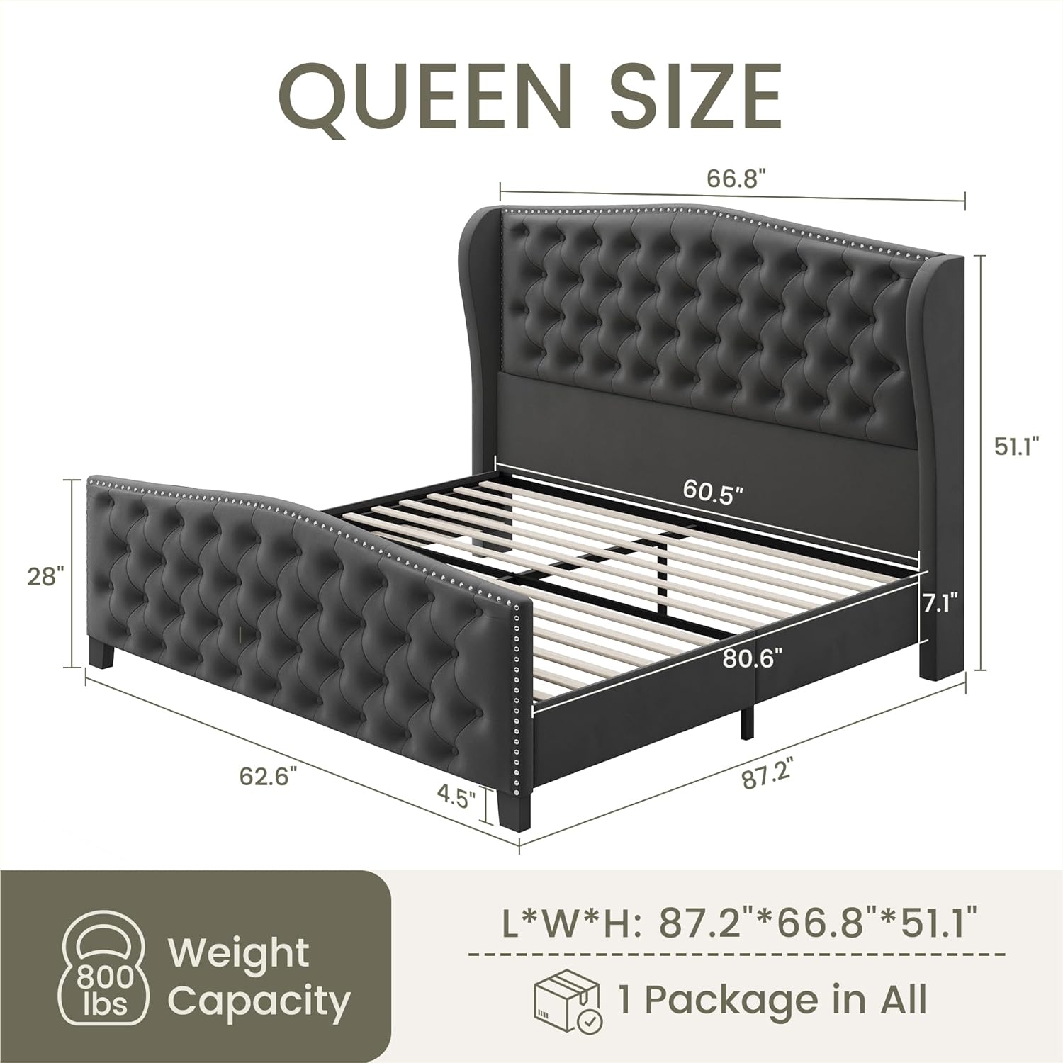 LARMACE Queen Size Bed Frame Velvet Upholstered Platform Bed with Wingback Headboard & Footbaord, Deep Button Tufted Bed Frame with Wood Slats Support, No Box Spring Needed, Grey