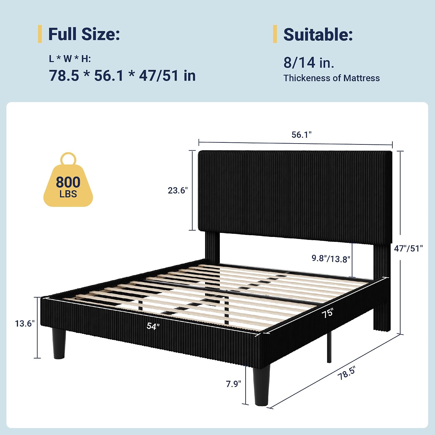 Allewie Full Size Upholstered Bed Frame with Vertical Channel Tufted Headboard, Soft Corduroy Fabric Platform Bed, Strong Wooden Slats Support, Easy Assembly, No Box Spring Needed, Black