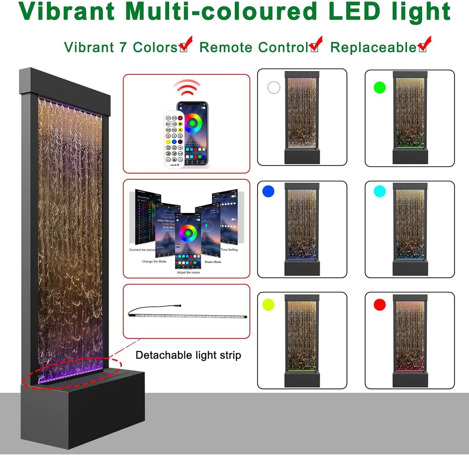 LONGRUN Indoor Water Fountain Mirror Waterfall Fountain with APP Controlled Multicolor LED Light, Floor Standing Fountains Kit, 48' Home Decor Large Freestanding Water Feature Waterfalls - Black Brown