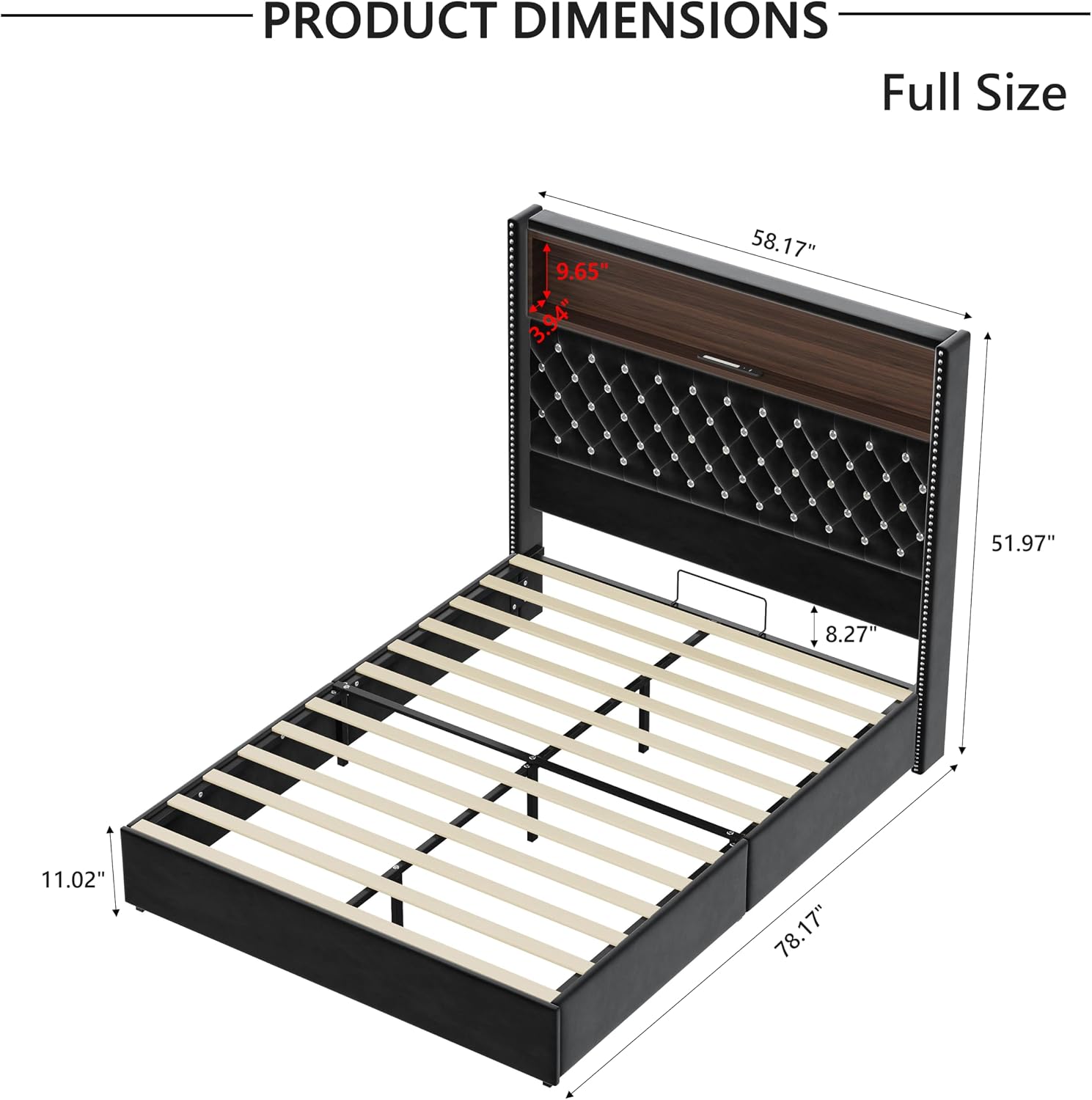 JIVOIT Full Size Bed Frame with Storage, Velvet Tufted Soft Bed Frame with 52'' High Headboard with Rivet Decoration, Wing-Back Platform Bed with Headboard Shelf, No Box Spring Needed (Black,Full,42)